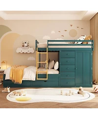 Streamdale Furniture Full Size Bunk Bed with 2 Large & 5 Small Drawers, Wardrobe