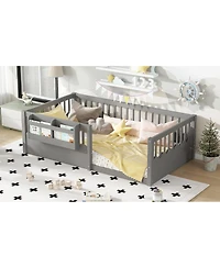 Streamdale Furniture Twin Floor Bed with Fence & Bookshelf, Wood Kids Bed