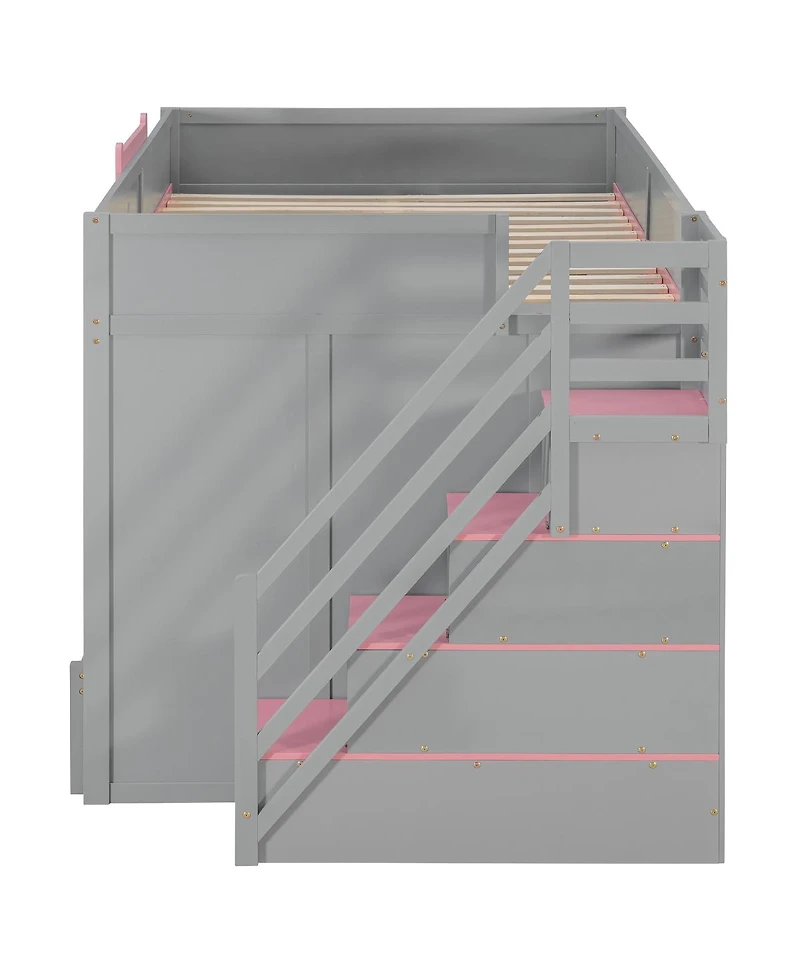 Streamdale Furniture Full Over Full Bunk Bed with Twin Size Trundle and Staircase, Shelves