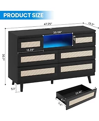 gaomon Rattan Wooden Dresser with 6 Drawers and Charging Station, 47" Modern Dresser with Led Lights and Open Shelves