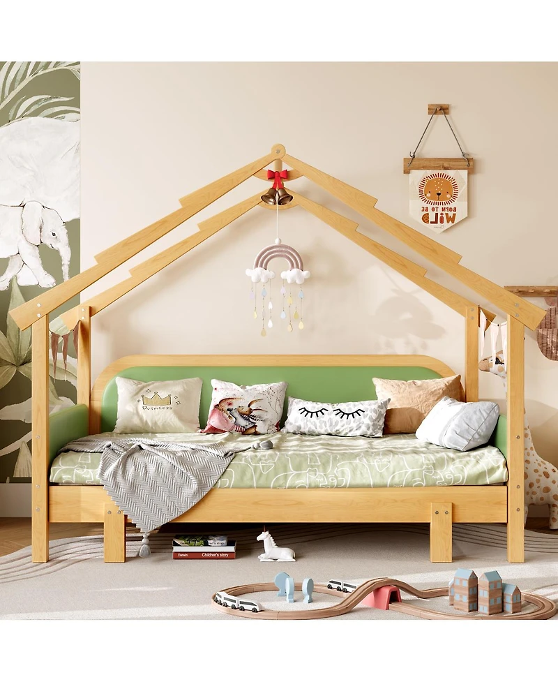 Streamdale Furniture Twin Size Wood Treehouse Bed with Soft Cushion Rails