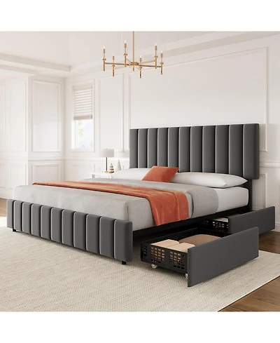 gaomon White Queen Pu Leather Upholstered Bed Frame with 4 Storage Drawers, Adjustable Headboard