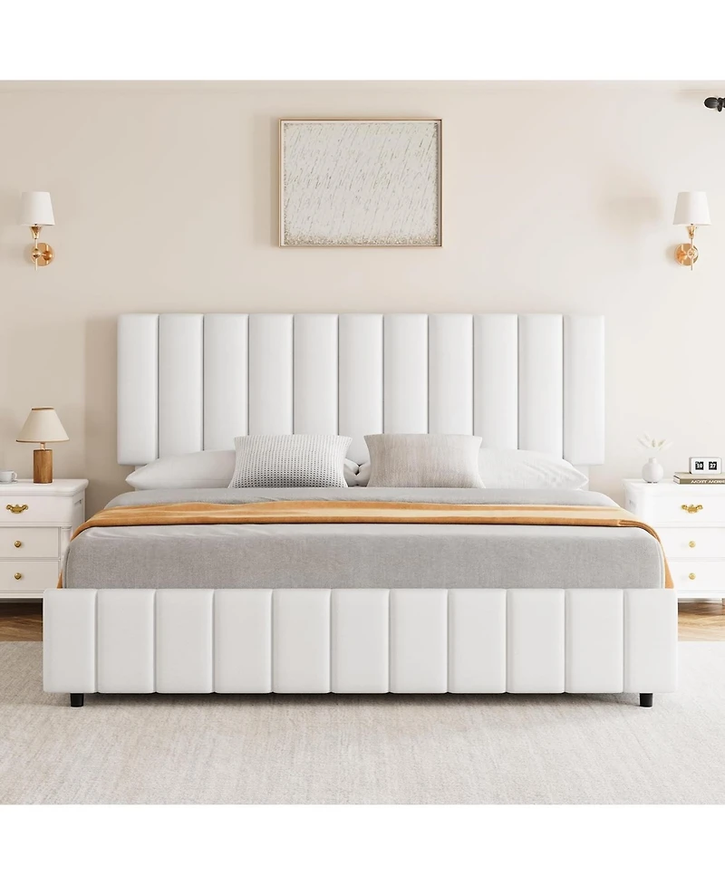 gaomon White Queen Pu Leather Upholstered Bed Frame with 4 Storage Drawers, Adjustable Headboard