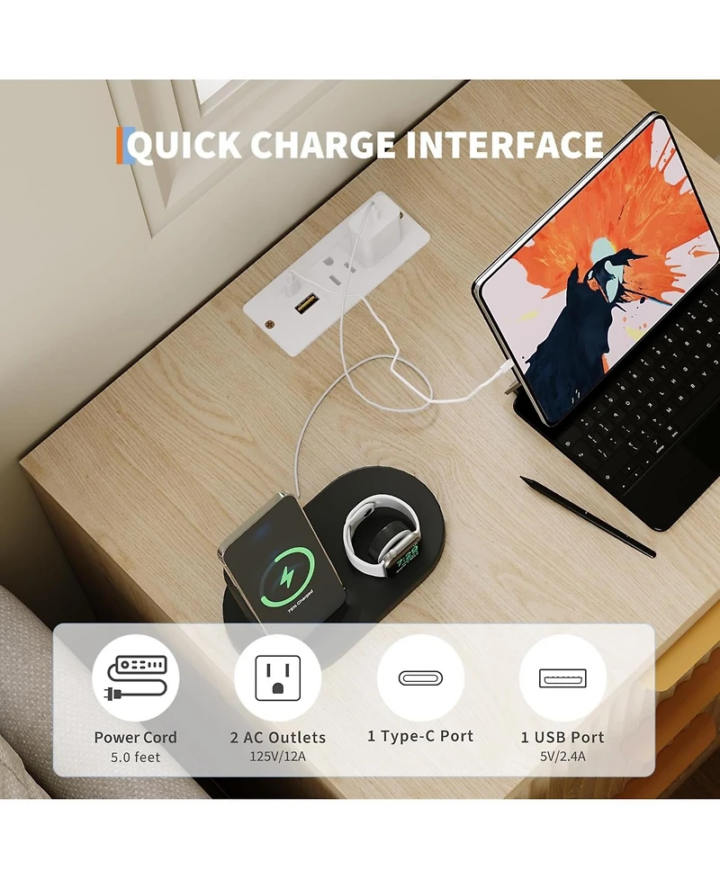 gaomon Fluted Nightstand with Charging Station