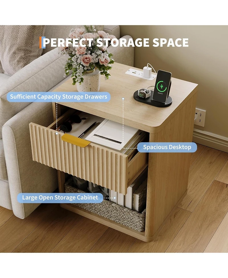 gaomon Fluted Nightstand with Charging Station