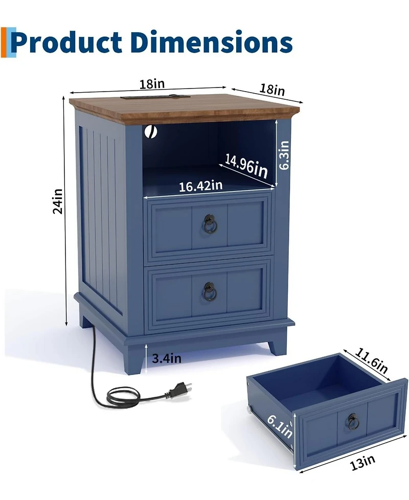 gaomon Nightstand with Charging Station, Wooden End Table Modern Farmhouse Bed Side Table with 2 Drawers, 2PCS
