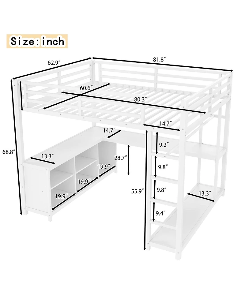 Streamdale Furniture Metal Loft Bed with Wardrobe, L-shaped Desk & Storage