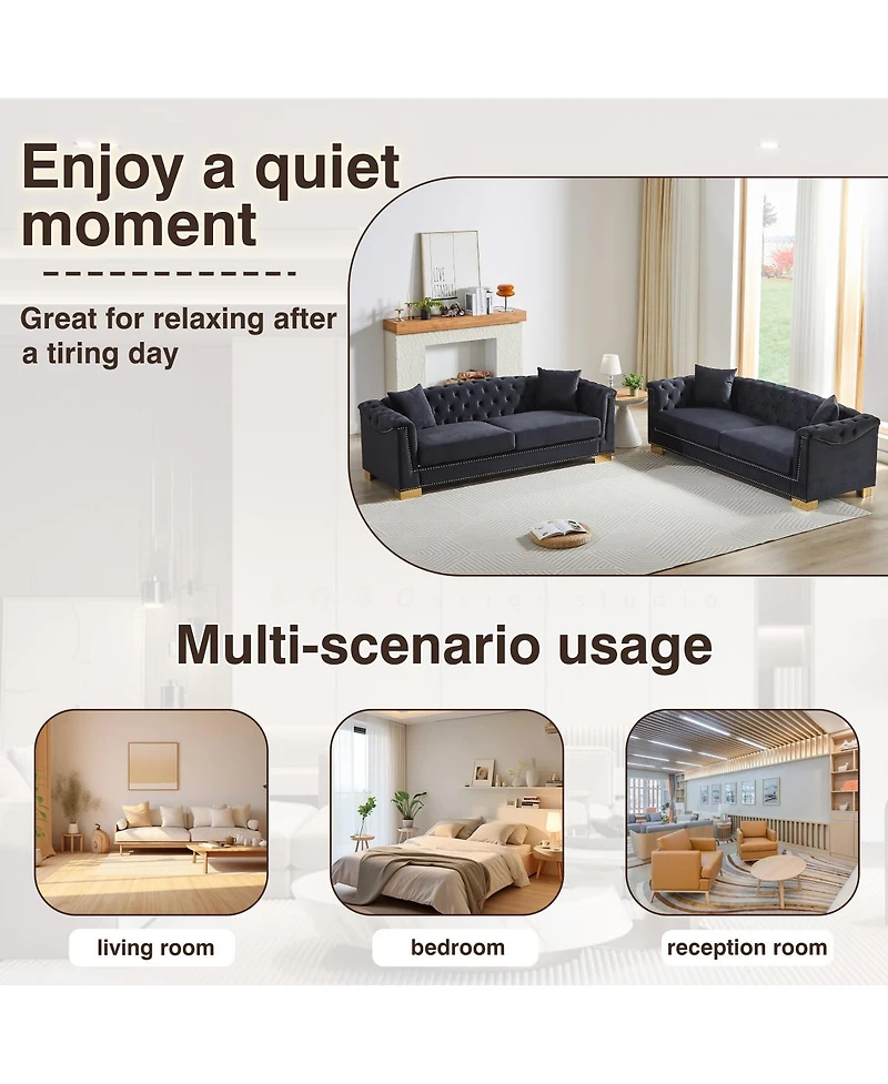 Streamdale Furniture 35 inches 3-Seater Chesterfield Rolled Arm Velvet Modern Sofa for Living Rooms & Offices.