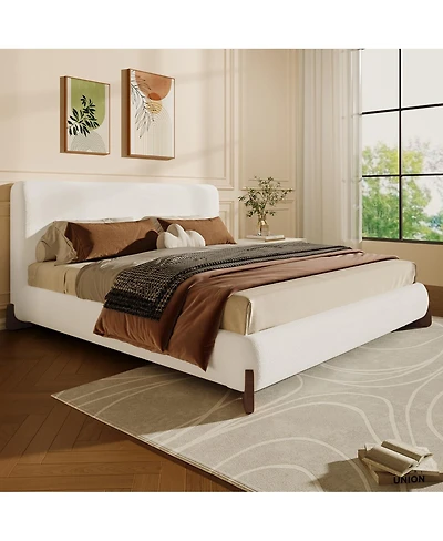 Streamdale Furniture Elegant white queen upholstered bed with dark brown solid wood legs