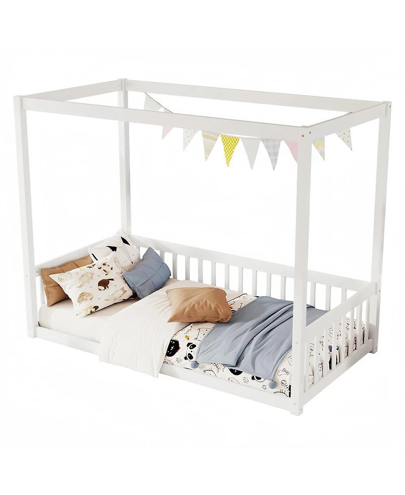 Streamdale Furniture Twin Size Canopy Floor Bed with Fence