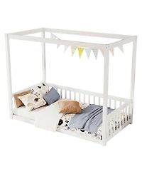 Streamdale Furniture Twin Size Canopy Floor Bed with Fence