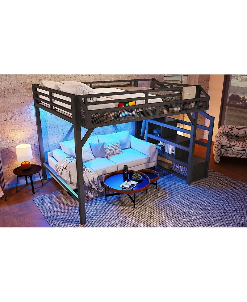 Streamdale Furniture Full Loft Bed with Storage Stairs, Shelves, Wardrobe, Usb, Led Lights