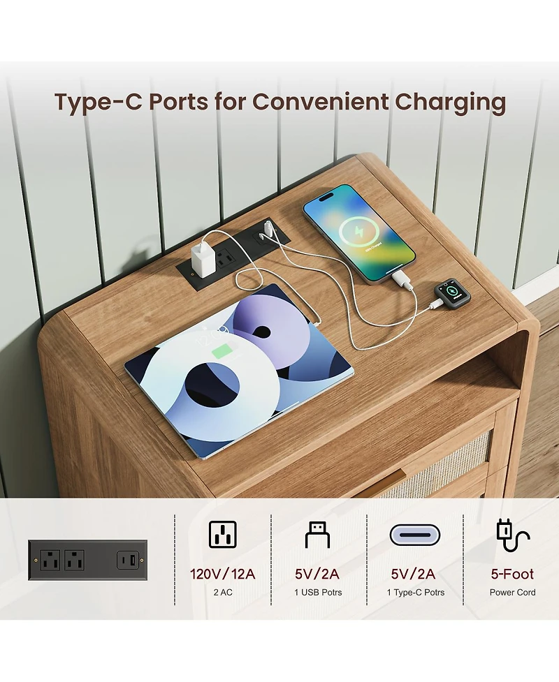 Streamdale Furniture Rattan Nightstand with Charging Station, 2 Drawers, 22.8" Wide Bedside Table