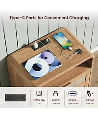 Streamdale Furniture Rattan Nightstand with Charging Station, 2 Drawers, 22.8" Wide Bedside Table