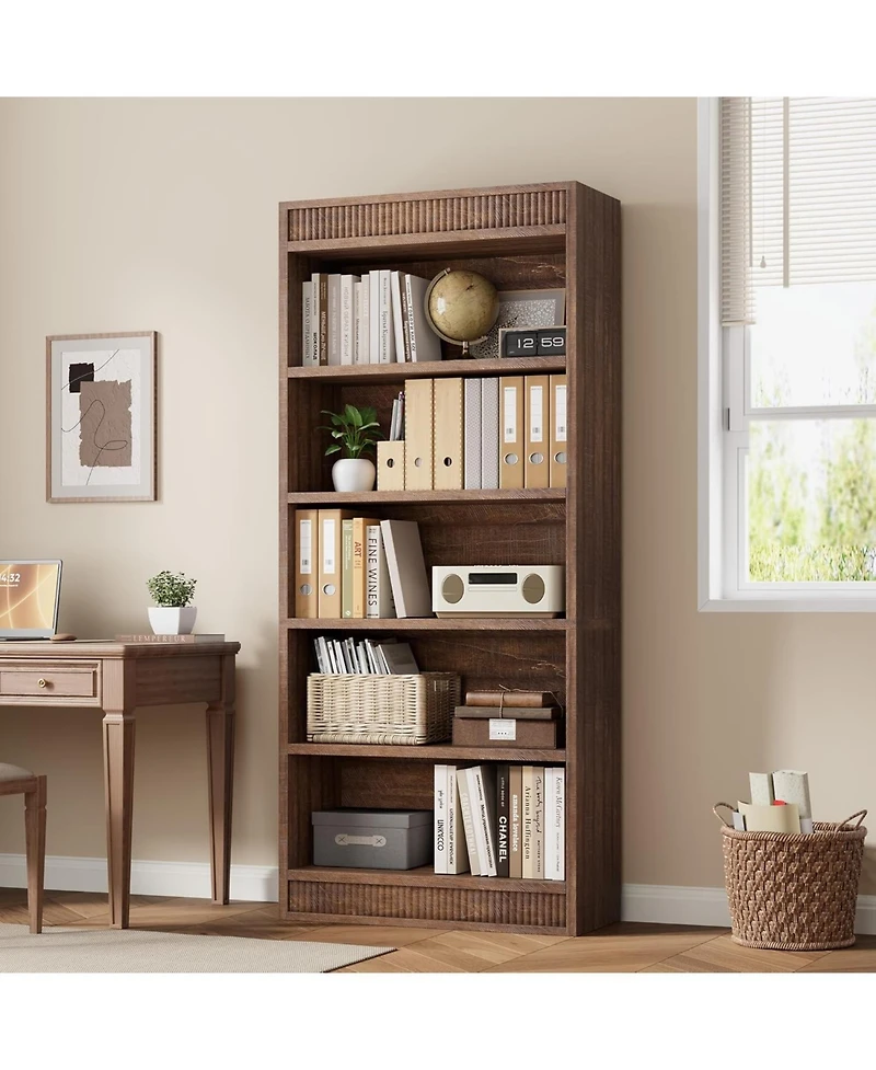 gaomon Tall Farmhouse Bookcase – 5-Tier Bookshelf with Fluted Design and Display Rack, Rustic Wood Freestanding Book Shelf for Office, Library