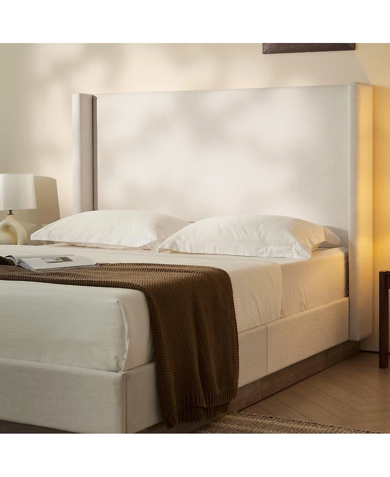 Streamdale Furniture Queen Textured Ivory Canvas Wingback Platform Bed - No Box Spring Needed