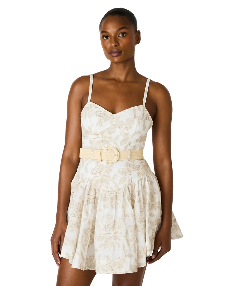 Steve Madden Juniors' Raffia Floral Embroidered Belted Mini Dress