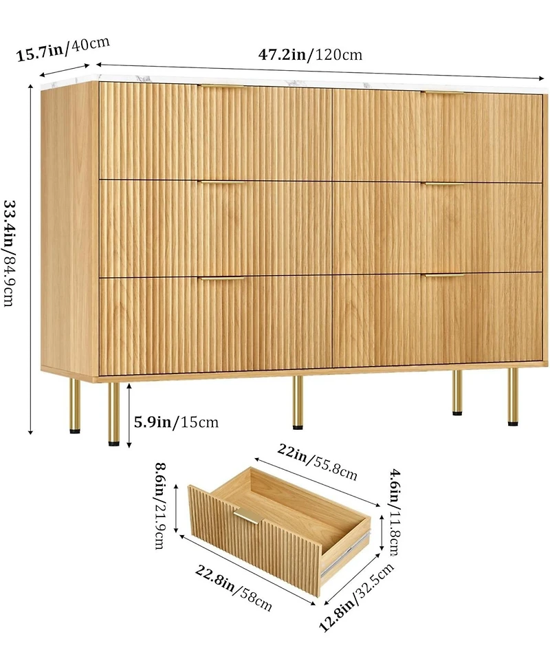 gaomon 6 Drawer Dresser for Bedroom Chest of Drawers, 47" Wide Fluted Dresser with Drawers, Modern Wooden Double Dressers for Living Room