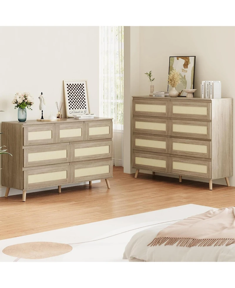 gaomon Rattan Dresser for Bedroom with 7 Drawers, 47.2 in Wide Chest of Drawers, Modern Wooden Dresser Tv Stand with Wood Legs