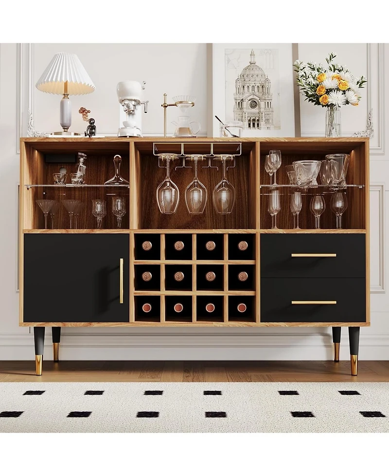 gaomon 47 Inch Wine Bar Cabinet with Led Lights and Charging Station, Modern Wood Coffee Bar with Storage Sideboard for Living Room and Dining Room