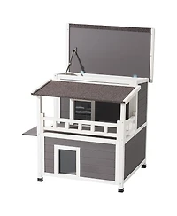 Aostirmotor 2-Story Insulated Cat House with Balcony, Weatherproof Wooden Shelter for Indoor & Outdoor Cats