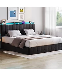 gaomon Lift Up Bed Frame with Charging Station & Led Lights,Upholstered Bed with Storage Headboard