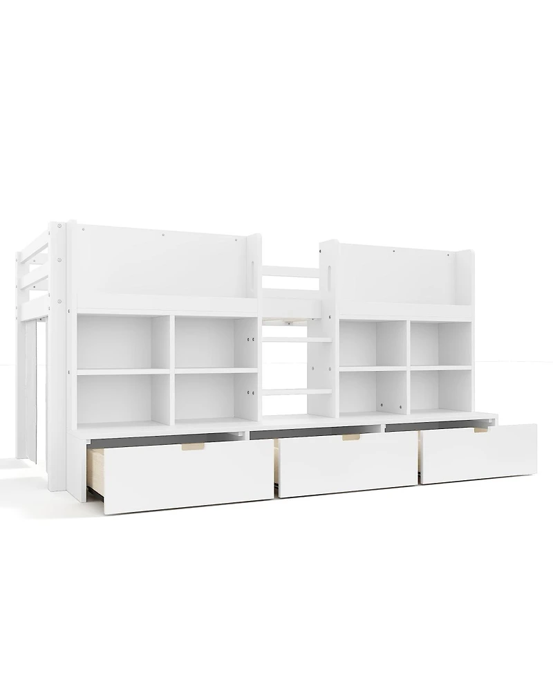 Streamdale Furniture Twin Loft Bed with Multi-Storage Shelves, Curtain & Chalkboard