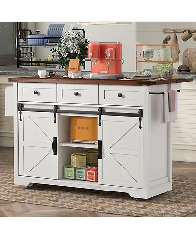 Streamdale Furniture 53.7" Farmhouse Kitchen Island w/ Power Outlet & Barn Doors