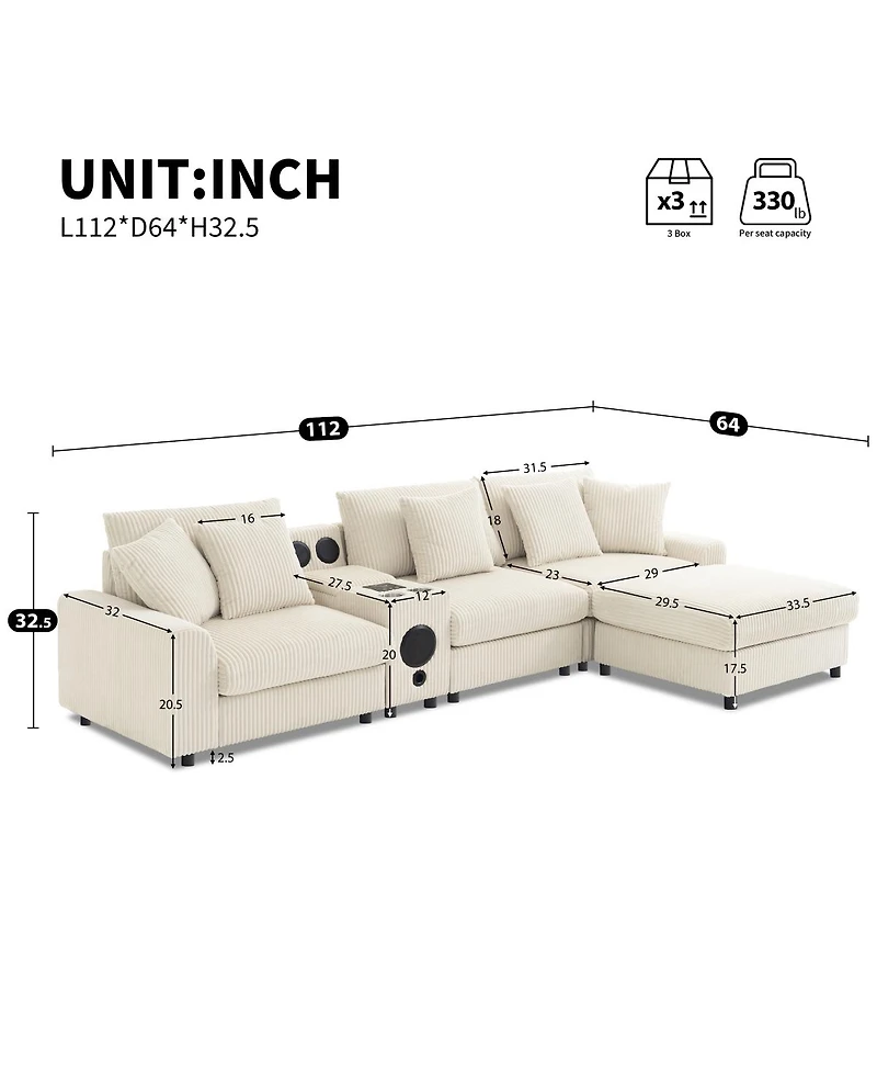 Streamdale Furniture Streamdale 112" Corduroy Sectional Sofa w/ Bluetooth, Console, Usb, Cup Holders, Storage