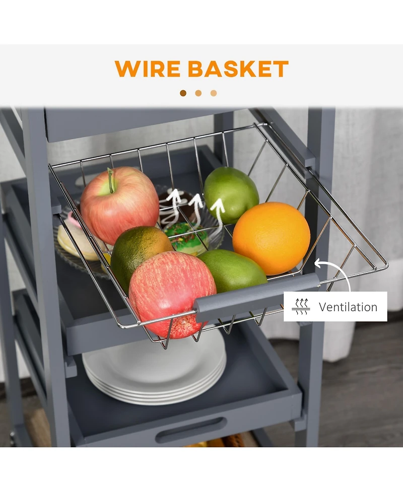 Rainsken Mobile Kitchen Cart, Solid Wood Frame Utility Cart, Rolling Kitchen Island with Wire Fruit Baskets, Trays and Drawer for Dining Room