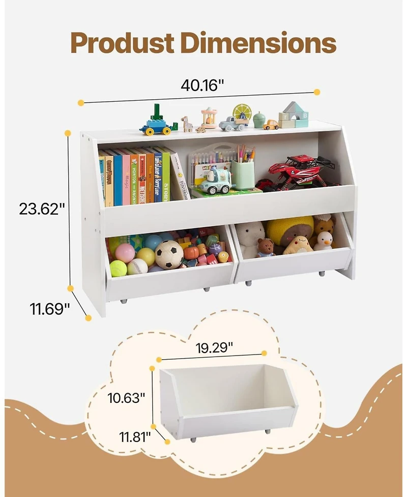 Rainsken Wooden Kids Bookshelf, Toy Storage Cabinet with 2 Mobile Drawers, Storage Organizer for Nursery, Living Room and Preschool