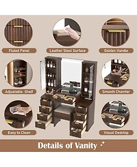 Streamdale Furniture 43.5" Fluted Makeup Vanity Desk w/ Mirror, Lights, 10 Drawers