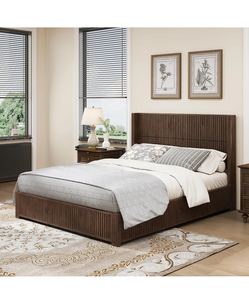 Streamdale Solid Walnut Queen Platform Bed Frame - No Box Spring Needed