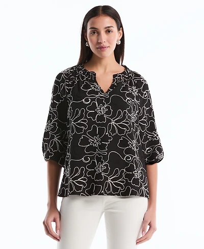 Rafaella Petite Floral Embroidered 3/4-Sleeve Blouse