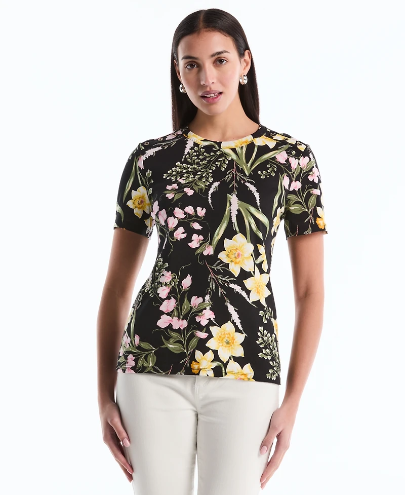 Rafaella Petite Garden Print Button Detail Short-Sleeve Top