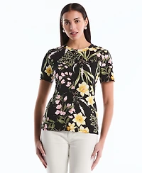 Rafaella Petite Garden Print Button Detail Short-Sleeve Top