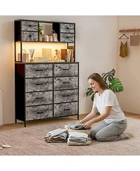 gaomon Dresser for Bedroom Drawer Fabric Chest with Led Lighting, Power Outlet and Open Shelves, Wood Top & Metal Frame for Bedroom, Hallway