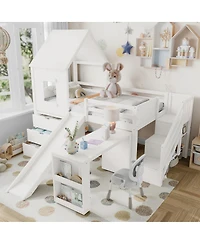 Streamdale Twin Loft Bed with Storage, Desk, Slide & Stairs, White