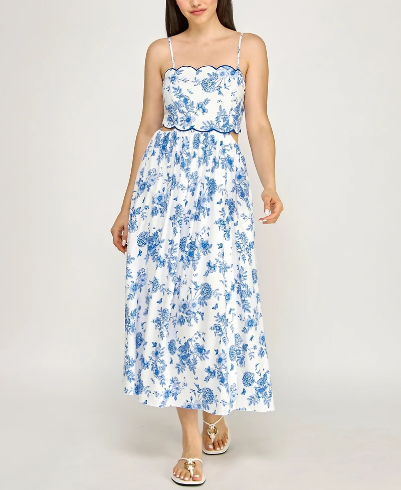 Row A Juniors' Sleeveless Scallop Trim Slim Midi Dress