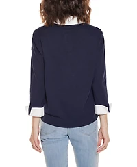 Belldini Women's Woven Collar Twofer Sweater