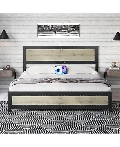 gaomon Size Bed Frame with Headboard, Industrial Platform Bed Frame with Charge Station, No Box Spring Needed