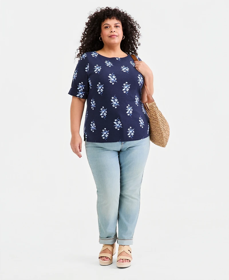 Style & Co Plus Printed Boat-Neck Elbow-Sleeve Top
