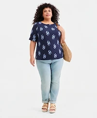 Style & Co Plus Printed Boat-Neck Elbow-Sleeve Top