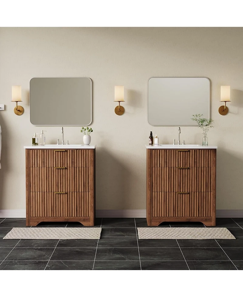 gaomon "24'' Walnut Fluted Bathroom Vanity with Sink, Freestanding Cabinet with 2 Drawers & Flip Down Drawer, Easy Assembly"