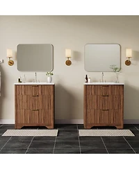 gaomon "24'' Walnut Fluted Bathroom Vanity with Sink, Freestanding Cabinet with 2 Drawers & Flip Down Drawer, Easy Assembly"