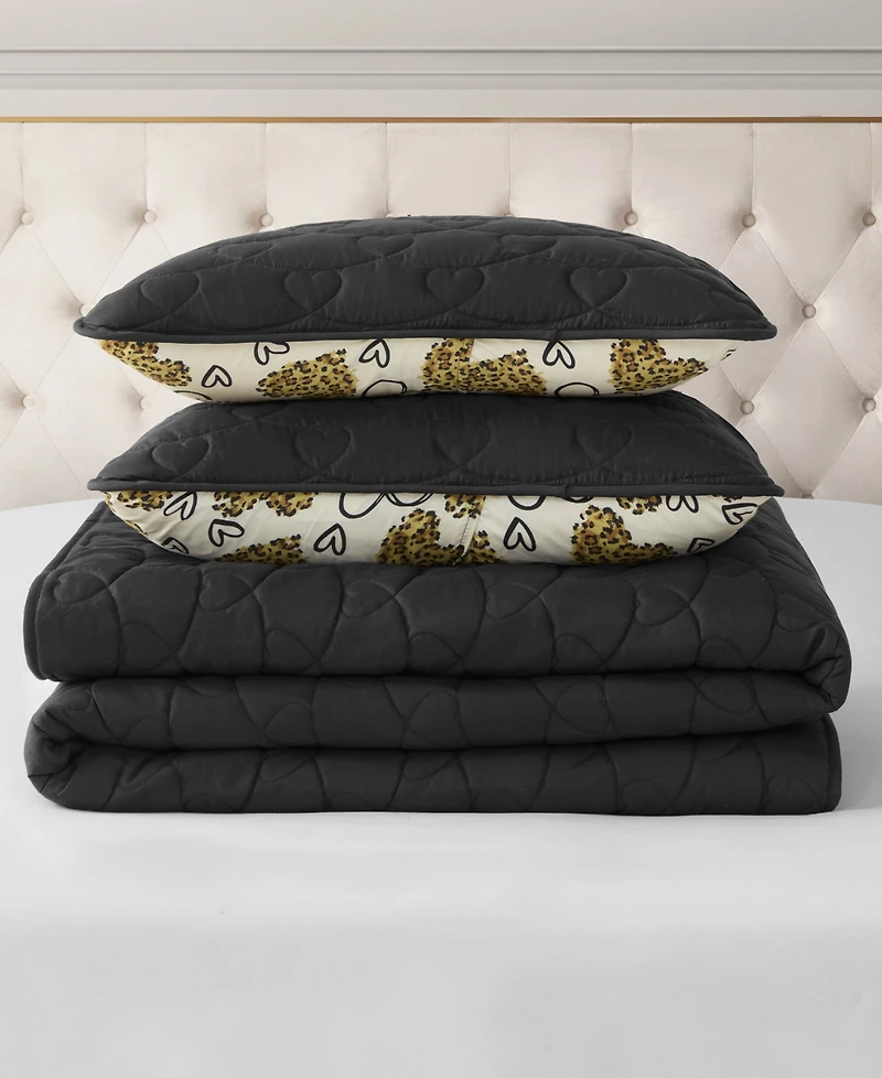 Juicy Couture Cheetah Doodle Hearts Reversible 3-Pc. Quilt Set, Full/Queen