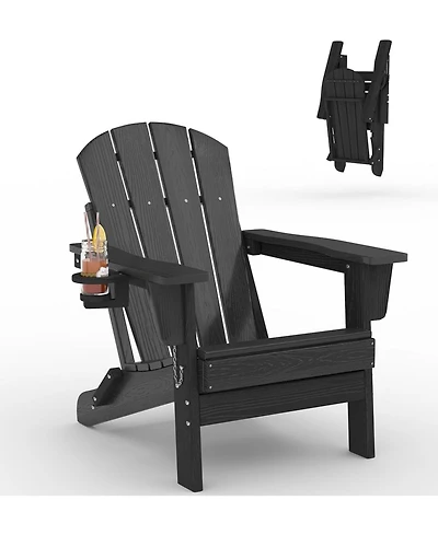 gaomon Folding Adirondack Chair, Hdpe Outdoor Patio Chair with Cup Holder, All Weather Resistent Wooden Textured for patios, Decks, Gardens