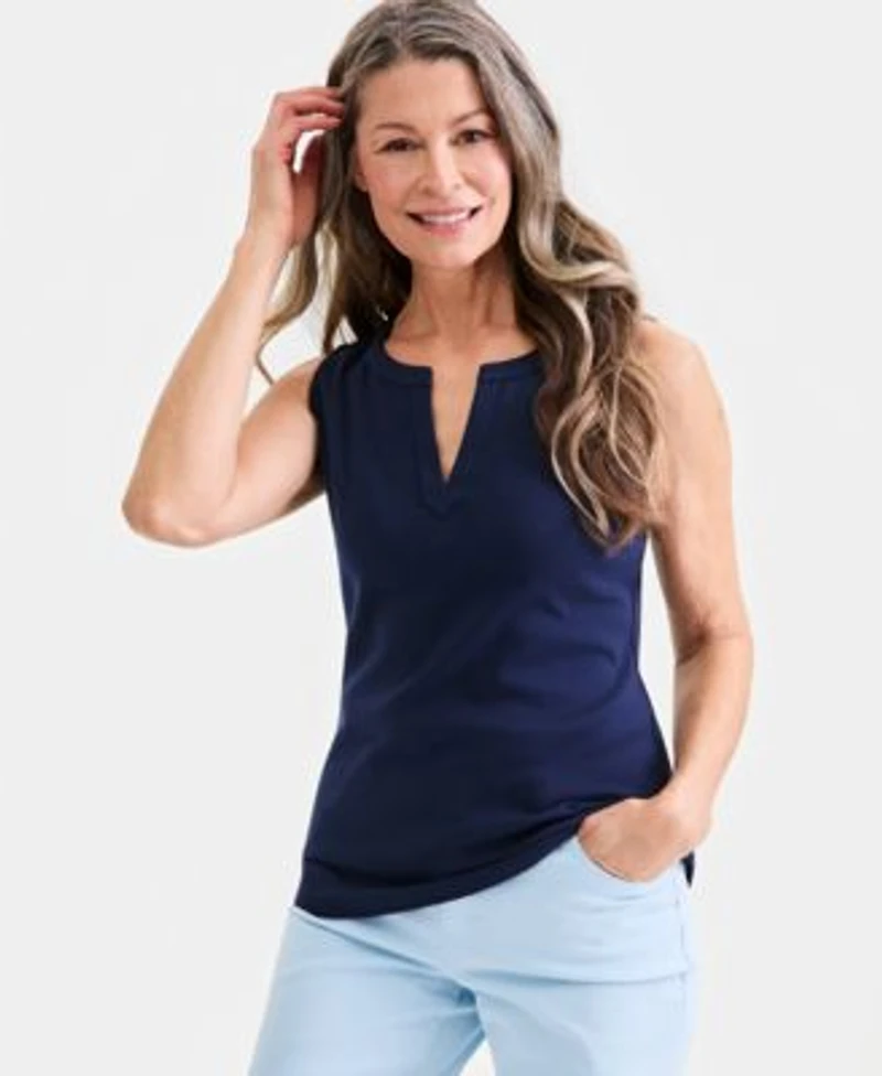 Style Co Womens Cotton Split Neck Tank Top Macys Exclusive