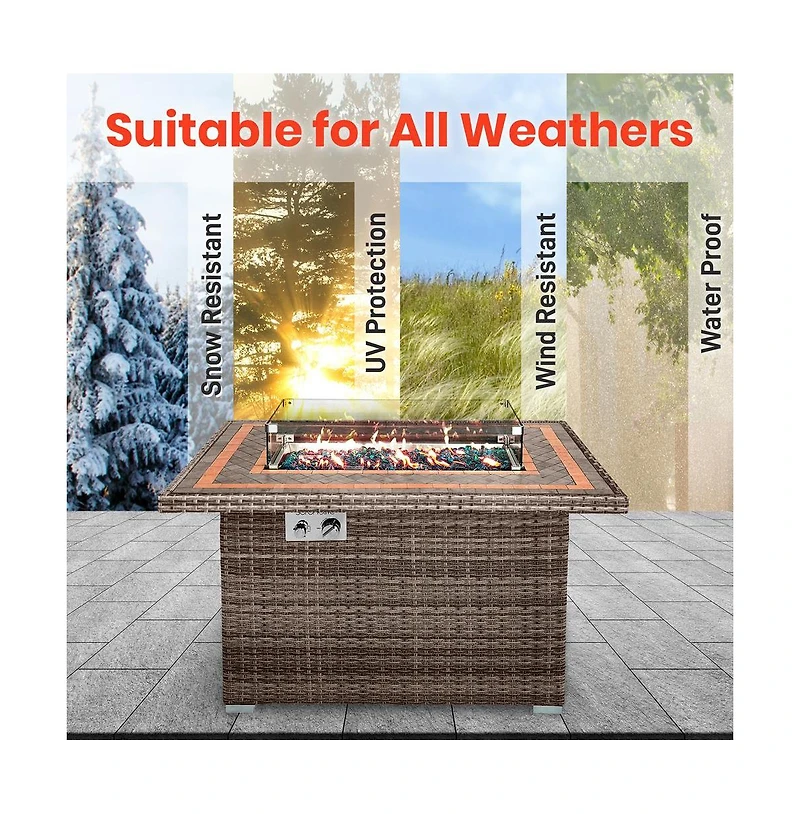 SerenelifeHome Outdoor Propane Fire Pit Table- 50,000 Btu Auto-Ignition Gas Fire Pit w/Glass Wind Guard, Mosaic Tabletop