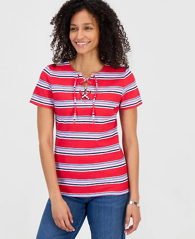 Style & Co Women's Striped Lace-Up Short-Sleeve Top, Macy's Exclusive